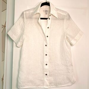 COS Linen Short Sleeve Button Up Blouse Shirt White Basic Natural Small Size 2